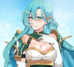 Rule 34 | 1girl, aqua hair, armor, azumishard, bare shoulders, blue background, blush, bow, braid, breasts, chloe (fire emblem), cleavage, commentary, earrings, fire emblem, fire emblem engage, gloves, green eyes, hair bow, jewelry, large breasts, long hair, looking at viewer, nintendo, orange bow, shoulder armor, solo, upper body, very long hair, white gloves