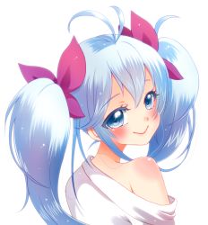 Rule 34 | 10s, 1girl, bad id, bad pixiv id, bare shoulders, blue eyes, blue hair, blush, bow, denpa onna to seishun otoko, hair bow, long hair, looking at viewer, looking back, matching hair/eyes, nanamics, off shoulder, simple background, smile, solo, touwa erio, twintails, white background
