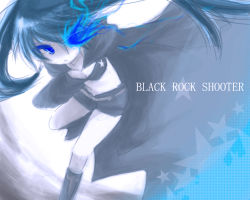 Rule 34 | 10s, 1girl, bad id, bad pixiv id, belt, bikini, bikini top only, black hair, black rock shooter, black rock shooter (character), blue eyes, boots, coat, efu, female focus, flat chest, glowing, glowing eyes, hatsune miku, hood, hooded jacket, jacket, knee boots, long hair, midriff, navel, pale skin, short shorts, shorts, solo, star (symbol), swimsuit, twintails, uneven twintails, very long hair, vocaloid