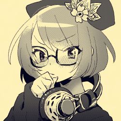 Rule 34 | 1girl, benten (housamo), blush, commentary request, flower, glasses, halftone, hand to own mouth, hat, hat flower, headphones, headphones around neck, long sleeves, medium hair, mid (mid skb), monochrome, screentones, solo, tokyo houkago summoners, upper body, yellow background, yellow theme