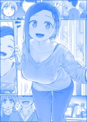 Rule 34 | !, 1boy, 2girls, ^^^, blue theme, blush, breasts, cleavage, comic, commentary request, denim, doorbell, earrings, empty eyes, getsuyoubi no tawawa, gift, gimai-chan (tawawa), highres, himura kiseki, jeans, jewelry, kouhai-chan (tawawa), large breasts, leaning forward, mole, mole under eye, monochrome, multiple girls, musical note, nose blush, open mouth, pants, plant, short twintails, silent comic, sparkle, spoken exclamation mark, spoken musical note, surprised, sweater, taxi, twintails