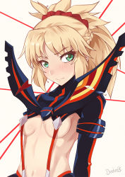 Rule 34 | 1girl, artist name, blonde hair, blush, braid, breasts, commentary, cosplay, darahan, fate/apocrypha, fate/grand order, fate (series), green eyes, hair ornament, hair scrunchie, kill la kill, long hair, looking at viewer, matoi ryuuko, matoi ryuuko (cosplay), medium breasts, midriff, mordred (fate), mordred (fate/apocrypha), navel, ponytail, red scrunchie, revealing clothes, scrunchie, smile, solo, suspenders, upper body