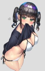 Rule 34 | 1girl, absurdres, black hair, black shirt, blush, bra, breasts, cleavage, closed mouth, clothes in mouth, clothes lift, commentary request, cropped legs, green eyes, grey background, heart, highres, large breasts, lifting own clothes, looking at viewer, mouth hold, original, panties, ranf, shirt, shirt in mouth, shirt lift, side-tie panties, sidelocks, simple background, solo, sweat, twintails, underwear, white bra, white panties