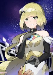 Rule 34 | 1girl, absurdres, akanboh, bare shoulders, black gloves, blonde hair, bright pupils, commentary, creatures (company), dress, elbow gloves, eyelashes, game freak, gloves, green eyes, hair ornament, hand up, highres, long hair, looking down, lusamine (pokemon), lusamine (sygna suit) (pokemon), night, nintendo, official alternate costume, outdoors, pokemon, pokemon masters ex, sky, smile, star (sky), twitter username, yellow dress