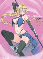 Rule 34 | 1girl, arm behind head, armor, armored boots, bare shoulders, bikini armor, black gloves, black thighhighs, blonde hair, blush, boots, breasts, cleavage, elbow gloves, fate/apocrypha, fate/grand order, fate (series), fingerless gloves, gloves, helmet, highres, jeanne d&#039;arc (fate), jeanne d&#039;arc (ruler) (fate), long hair, looking at viewer, midriff, navel, revealing clothes, smile, solo, thighhighs, utu (ldnsft)