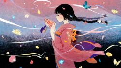 Rule 34 | 1girl, black hair, blush, braid, bug, butterfly, closed eyes, floating hair, flower, from side, holding, holding flower, insect, japanese clothes, kimono, long hair, obi, original, petals, pink kimono, profile, sash, sion 0d1m, solo, twin braids, upper body, wind