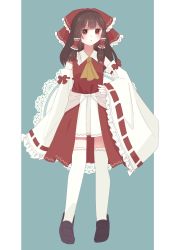 Rule 34 | 1girl, absurdres, bare shoulders, black footwear, blue background, blush, border, bow, brown eyes, brown hair, collar, dress, hair tubes, hakurei reimu, hand on own hip, highres, linda 18, long sleeves, looking at viewer, open mouth, red bow, red dress, shoes, short hair, solo, thighhighs, touhou, white border, white collar, white sleeves, white thighhighs, yellow neckwear