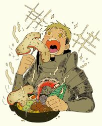 Rule 34 | 1boy, armor, blonde hair, blush, bowl, commentary, dungeon meshi, eating, english commentary, food, fork, highres, holding, holding fork, laios touden, male focus, mushroom, open mouth, plate armor, short hair, simple background, smalltrashfire, solo, teeth, tentacles, upper body, yellow eyes