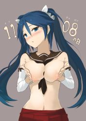 Rule 34 | 10s, 1girl, bad id, bad pixiv id, between breasts, blue eyes, blue hair, blush, breast press, breasts squeezed together, breasts, detached sleeves, hair ribbon, isuzu (kancolle), kantai collection, large breasts, long hair, matching hair/eyes, navel, necktie, nipples, ribbon, sailor collar, skirt, solo, topless, twintails, u nagi