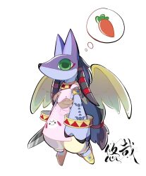 Rule 34 | anubimon, apron, armlet, bracelet, carrot, chinese commentary, digimon, digimon (creature), full body, green eyes, highres, jewelry, knife, no mouth, pink apron, simple background, solo, strap slip, thought bubble, white background, wings, yellow wings, youzaiyouzai112