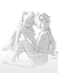 Rule 34 | 2girls, ahoge, between legs, blue hair, breasts, closed eyes, closed mouth, completely nude, cone hair bun, ganyu (genshin impact), genshin impact, grabbing, grabbing another&#039;s breast, greyscale, hair bun, hand on another&#039;s leg, hand on own chest, highres, horns, keqing (genshin impact), ker0nit0, long hair, medium breasts, monochrome, multiple girls, nipples, nude, partially submerged, purple hair, sitting, sitting between lap, spot color, wariza, yuri