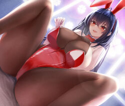 Rule 34 | 1girl, alternate costume, animal ears, azur lane, black hair, bodystocking, bow, breasts, brown pantyhose, center opening, cleavage, collar, crossed bangs, detached collar, fake animal ears, feet out of frame, from below, hair between eyes, huge breasts, latex, latex leotard, leotard, long hair, open mouth, pantyhose, playboy bunny, pulling own clothes, rabbit ears, red bow, red eyes, red leotard, sano sho, sitting, solo, spread legs, strapless, strapless leotard, taihou (azur lane), undersized breast cup, very long hair, white collar, wrist cuffs