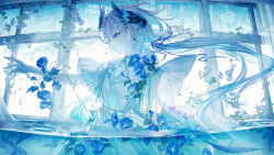 Rule 34 | 1girl, absurdres, character request, copyright request, earrings, flower, highres, jewelry, orchid, partially submerged, pointy ears, reaching, solo, virtual youtuber, water, window, yoggi (stretchmen)