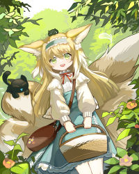 Rule 34 | 1girl, :d, absurdres, animal, animal ear fluff, animal ears, arknights, bag, basket, black0322, black cat, blue hairband, blue skirt, cat, closed eyes, commentary request, crossover, day, fox ears, fox girl, fox tail, frilled hairband, frills, green eyes, hair between eyes, hairband, heixiu, high-waist skirt, highres, holding, holding basket, jacket, kitsune, long sleeves, looking at viewer, luo xiaohei, neck ribbon, on head, open clothes, open jacket, open mouth, outdoors, pantyhose, puffy long sleeves, puffy sleeves, red ribbon, ribbon, shirt, shoulder bag, skirt, smile, solo, suzuran (arknights), suzuran (spring praise) (arknights), tail, teeth, luo xiaohei zhanji, upper teeth only, white jacket, white pantyhose, white shirt