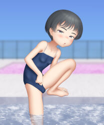 Rule 34 | 1girl, absurdres, bare legs, barefoot, black hair, blue one-piece swimsuit, blurry, blurry background, blush, breasts, feet, female focus, highleg, highleg swimsuit, highres, looking at viewer, one-piece swimsuit, original, outdoors, paid reward available, parted lips, partially submerged, poolside, sc naru, school swimsuit, short hair, small breasts, solo, swimsuit, toes, water