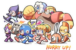 Rule 34 | 1girl, 6+boys, :d, android, arm cannon, armor, bodysuit, bomb man, capcom, chibi, creature, cut man, elec man, english text, everyone, fire man, full body, guts man, ice man, kin niku, looking at viewer, mega man: powered up, mega man (character), mega man (classic), mega man (series), multiple boys, oil man, open mouth, ponytail, red skirt, roll (mega man), simple background, skirt, smile, time man, weapon, white background, wince