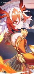 Rule 34 | 1girl, bare shoulders, chinese clothes, claws, clenched hand, closed mouth, commentary, detached sleeves, diamond-shaped pupils, diamond (shape), english commentary, eyeliner, fighting stance, fu hua, fu hua (garuda), hair between eyes, highres, honkai (series), honkai impact 3rd, long hair, makeup, official art, official wallpaper, red eyeliner, red eyes, red hair, red sleeves, solo, symbol-shaped pupils, upper body, v-shaped eyebrows, very long hair, white hair, yellow pupils