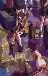Rule 34 | 6+girls, brown hair, cat, cellphone, converse, cpieng, guitar case, highres, hood, hood down, hooded jacket, instrument case, jacket, japan, knees together feet apart, loafers, multiple girls, original, phone, pigeon-toed, pleated skirt, real world location, school uniform, shoes, sitting, skirt, smartphone, sneakers, solo focus