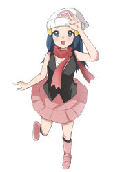 Rule 34 | 1girl, :d, bare arms, beanie, black shirt, black socks, blush, boots, commentary request, creatures (company), dawn (pokemon), eyelashes, full body, game freak, grey eyes, hair ornament, hairclip, hat, highres, kneehighs, leg up, long hair, looking at viewer, nintendo, nyagonya21, open mouth, pink footwear, pink skirt, pokemon, pokemon dppt, red scarf, scarf, shirt, skirt, sleeveless, sleeveless shirt, smile, socks, solo, tongue, white hat