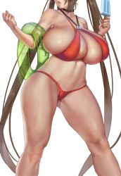 Rule 34 | 1girl, absurdly long hair, aged up, alternate breast size, azur lane, bikini, black choker, breasts, choker, cleavage, commentary, criss-cross halter, eu03, food, halterneck, head out of frame, huge breasts, innertube, knees, long hair, navel, parted lips, ping hai (azur lane), ping hai (summer vacation) (azur lane), popsicle, red bikini, skindentation, solo, standing, swim ring, swimsuit, thick thighs, thighs, twintails, veins, veiny breasts, very long hair, walking, white background