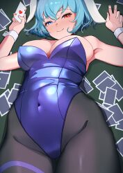Rule 34 | 1girl, absurdres, animal ears, armpits, black pantyhose, blue eyes, blue hair, blue leotard, blush, breasts, card, closed mouth, covered navel, cowboy shot, fake animal ears, fingernails, groin, heterochromia, highres, holding, holding card, large breasts, leotard, looking at viewer, lying, on back, pantyhose, rabbit ears, red eyes, short hair, smile, solo, strapless, strapless leotard, tatara kogasa, touhou, urizaku3, wrist cuffs