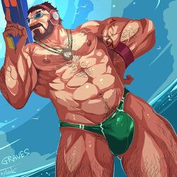 1boy abs bara bird blue-framed_eyewear chest_hair connected_beard facial_hair graves_(league_of_legends) green_male_swimwear hand_on_own_hip headphones jewelry league_of_legends leg_hair lowres male_focus male_swimwear mature_male muscular muscular_male navel necklace pectorals pool_party_graves rybiok seagull solo sparse_arm_hair sunglasses super_soaker swim_briefs veins veiny_arms water