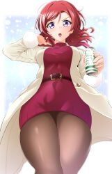 Rule 34 | 1girl, :o, arm up, belt, breasts, brown pantyhose, can, canned coffee, coat, dress, drink can, floating hair, from below, highres, holding, holding can, kirisaki reina, looking at viewer, love live!, love live! school idol project, medium breasts, medium hair, nishikino maki, open clothes, open coat, open mouth, pantyhose, pearl hair ornament, purple eyes, red belt, red dress, red hair, solo, sweatdrop, thighs, turtleneck, turtleneck dress, v-shaped eyebrows, white coat