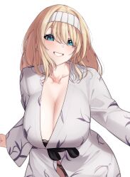 Rule 34 | 1girl, absurdres, black panties, blonde hair, blue eyes, bra, breasts, cleavage, collarbone, commission, hairband, highres, huge breasts, lace, lace-trimmed bra, lace-trimmed panties, lace trim, long hair, looking at viewer, nasuno (nasuno42), original, panties, pixiv commission, smile, solo, underwear, white background