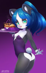Rule 34 | 1girl, animal ears, artist name, ass, born-to-die, breasts, burger, collarbone, copyright request, covered erect nipples, cowboy shot, cuff links, cup, female focus, food, furry, furry female, gradient background, highres, leotard, long hair, looking at viewer, looking to the side, multicolored eyes, plate, playboy bunny, sauce, small breasts, solo, steam, straw, tail, watermark, web address