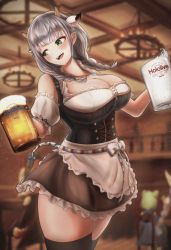 Rule 34 | 1girl, absurdres, animal ears, apron, bare shoulders, beer mug, black thighhighs, blush, bodice, braid, breasts, cleavage, cow ears, cow girl, cow horns, cow tail, cross-laced clothes, cup, detached sleeves, dirndl, extra ears, flower, german clothes, green eyes, hair flower, hair ornament, highres, hololive, horns, jewelry, kaiju ryoku, large breasts, long hair, looking to the side, low twintails, mug, pendant, shirogane noel, shirogane noel (dirndl), short sleeves, silver hair, snowflake pendant, solo, tail, tavern, thick thighs, thighhighs, thighs, twin braids, twintails, underbust, virtual youtuber, w arms, waist apron, white apron