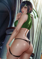 Rule 34 | 1girl, alexander dinh, artist name, ass, back, bare arms, bare shoulders, black hair, black panties, blush, breasts, brown eyes, building, cowboy shot, crop top, final fantasy, final fantasy vii, fishnet thighhighs, fishnets, forehead protector, garter straps, hand on own thigh, hand up, highres, lips, looking at viewer, looking back, medium breasts, outdoors, panties, parted lips, short hair, signature, single thighhigh, sleeveless, smile, solo, thighhighs, underwear, watermark, web address, yuffie kisaragi