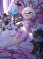 Rule 34 | 2girls, alarm clock, bed, bob cut, callie (splatoon), character doll, clock, closed eyes, commentary, crop top, curtains, dark-skinned female, dark skin, gradient hair, green hair, head rest, headband, highres, holding, holding stuffed toy, inkling, jellyfish (splatoon), judd (splatoon), kneeling, li&#039;l judd (splatoon), light particles, long hair, looking at another, lying, marie (splatoon), mole, mole under mouth, multicolored hair, multiple girls, navel, nintendo, octoling, on back, on bed, open mouth, pajamas, pearl (splatoon), pink hair, pink shirt, pink shorts, saliva, shinako, shirt, short hair, short sleeves, shorts, sleeping, sleepwear, sleeveless, sleeveless shirt, splatoon (series), splatoon 1, splatoon 2, splatoon 2: octo expansion, stuffed toy, suction cups, sunlight, white hair, white headband, white shirt