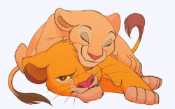 Rule 34 | animal, brown eyes, closed eyes, colored sclera, cub, highres, lion, looking to the side, lying on another, nala (the lion king), no humans, sasamaru lion, simba, simple background, smile, the lion king, white background, yellow sclera
