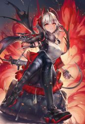 Rule 34 | 1girl, ahoge, antennae, arknights, black footwear, black jacket, black pantyhose, black scarf, breasts, commentary, darudaruma (joejoycoi), gun, highres, holding, holding knife, horns, jacket, knife, large breasts, looking at viewer, miniskirt, nail polish, open clothes, open jacket, orange eyes, pantyhose, parted lips, red nails, reverse grip, scarf, shirt, shoes, short hair, short sleeves, silver hair, sitting, skirt, smile, solo, tail, w (arknights), weapon, white shirt