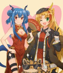 Rule 34 | 2girls, :3, :t, ;d, animal ear fluff, animal ears, arknights, bare arms, bare shoulders, beige background, bike shorts, black gloves, black headwear, black jacket, black shorts, blonde hair, blue hair, blush, breasts, ch&#039;en (ageless afterglow) (arknights), ch&#039;en (arknights), china dress, chinese clothes, chinese commentary, cleavage, cleavage cutout, clothing cutout, commentary request, cowboy shot, criss-cross halter, double bun, dress, fang, folding fan, gloves, green eyes, hair between eyes, hair bun, halterneck, hand fan, hands up, hat feather, heart, highres, holding, holding fan, horns, jacket, long hair, looking at viewer, medium breasts, mochizuki inochi, multicolored hair, multiple girls, official alternate costume, one eye closed, open clothes, open jacket, open mouth, red dress, red eyes, red hair, short shorts, shorts, sidelocks, sleeveless, sleeveless dress, smile, sparkle, standing, sunglasses, swire (arknights), swire (honor and splendor) (arknights), tail, thigh strap, tiger, tiger ears, twintails, v, valentine, very long hair