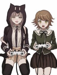 Rule 34 | 1boy, 1girl, animal hood, backpack, bag, black ribbon, black shirt, black skirt, blush, breasts, brown hair, camera, cat hood, collared shirt, commentary, controller, danganronpa: trigger happy havoc, danganronpa (series), danganronpa 2: goodbye despair, dress shirt, flipped hair, fujisaki chihiro, game controller, green eyes, hair ornament, handheld game console, hood, hood up, hoodie, jacket, large breasts, miniskirt, nanami chiaki, neck ribbon, no shoes, open clothes, open jacket, open mouth, playing games, playstation controller, playstation portable, pleated skirt, renshu usodayo, ribbon, seiza, shirt, shirt tucked in, short hair, sitting, skirt, smile, sweatdrop, symbol-only commentary, thighhighs, trap, two-tone shirt, white background, white shirt