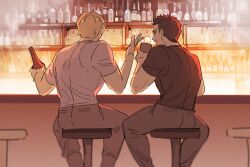 Rule 34 | 2boys, ao isami, artist request, bar (place), black hair, blonde hair, couple, facial hair, facing away, feet out of frame, from behind, lewis smith, male focus, multiple boys, shirt, side-by-side, sideburns stubble, sitting, smile, stubble, t-shirt, thick eyebrows, yaoi, yuuki bakuhatsu bang bravern