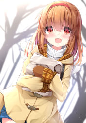 Rule 34 | 1girl, :d, bag, bare tree, blue shorts, blurry, blurry background, blush, brown coat, brown hair, brown mittens, coat, commentary request, depth of field, hair between eyes, hairband, highres, kanon, kouda suzu, long hair, long sleeves, mittens, open mouth, paper bag, red eyes, red hairband, ribbed sweater, short shorts, shorts, sleeves past wrists, smile, solo, sweater, tree, tsukimiya ayu, turtleneck, turtleneck sweater, white sweater, white wings, wings