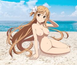 Rule 34 | 1girl, arm support, asuna (sao), barefoot, beach, breasts, brown eyes, brown hair, completely nude, day, female focus, flower, full body, hair flower, hair ornament, large breasts, long hair, looking at viewer, nipples, nude, ocean, outdoors, sand, smile, solo, sword art online, toes