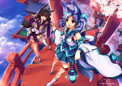 Rule 34 | 2girls, 33 (chuanxcc), animal ears, artist name, asymmetrical legwear, bell, black hair, blue hair, bow, cherry blossoms, cloud, collaboration, day, detached sleeves, fox ears, fox tail, geta, holding hands, interlocked fingers, jingle bell, lantern, leg ribbon, long hair, mismatched legwear, mkiiiiii, multiple girls, multiple torii, nontraditional miko, open mouth, original, red eyes, ribbon, short hair, short twintails, skirt, sky, socks, tail, thigh ribbon, thighhighs, torii, twintails, windforcelan