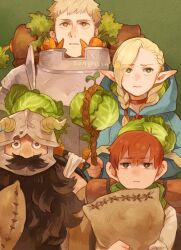 Rule 34 | 1girl, 3boys, armor, bag, beard, black eyes, blonde hair, blue capelet, braid, breastplate, brown eyes, brown hair, cabbage, capelet, carrot, chilchuck tims, choker, dungeon meshi, dwarf, elf, facial hair, food, frown, gorget, green background, green eyes, halfling, highres, holding, holding bag, holding food, holding staff, holding vegetable, hood, laios touden, long beard, looking ahead, looking at viewer, looking to the side, marcille donato, multiple boys, neck warmer, pauldrons, pointy ears, red choker, red ribbon, ribbon, senshi (dungeon meshi), shoulder armor, sleeping bag, sssn808, staff, vegetable, very long beard, yellow eyes