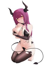 Rule 34 | 1girl, absurdres, arms under breasts, azur lane, bare shoulders, barefoot, black gloves, black horns, black nails, black thighhighs, blush, breasts, chain, cleavage, covering breasts, covering privates, demon horns, demon tail, devonshire (azur lane), devonshire (sadistic demon) (azur lane), elbow gloves, embarrassed, gloves, heart, heart tail, highres, horns, kneeling, large breasts, long hair, looking at viewer, navel, official alternate costume, parted lips, purple hair, revealing clothes, simple background, single glove, slit pupils, solo, stomach, tail, thighhighs, toes, torn clothes, torn thighhighs, white background, yellow eyes, zerotwenty (020)