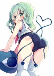 Rule 34 | 1girl, ass, blush, from behind, green eyes, green hair, kneepits, komeiji koishi, leaning forward, legs, long hair, looking back, matching hair/eyes, minamura haruki, one-piece swimsuit, open mouth, school swimsuit, shirt, sleeveless, sleeveless shirt, solo, swimsuit, swimsuit under clothes, thigh gap, thighhighs, third eye, touhou, white thighhighs