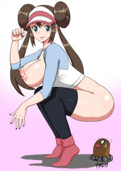 Rule 34 | 0 0, 1girl, blue eyes, blush, bottomless, breasts, breasts out, brown hair, covered erect nipples, creatures (company), diglett, double bun, full body, game freak, gen 1 pokemon, hair bun, highres, imminent rape, large breasts, low twintails, nintendo, nipples, no panties, pokemon, pokemon (creature), pokemon bw2, rosa (pokemon), shirt, smile, sweatdrop, thighhighs, twintails, visor cap, wide-eyed