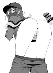 Rule 34 | 1boy, 1girl, absurdres, against wall, ass, bar censor, baseball cap, censored, cleft of venus, clothes pull, erection, from behind, greyscale, hat, highres, imminent penetration, kantai collection, looking at viewer, looking back, mask, monochrome, mouth mask, pants, pants pull, penis, pussy, simple background, solo focus, takaman (gaffe), white background, zuikaku (kancolle)