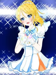 Rule 34 | 1girl, aqua bow, artist request, ayase eli, blonde hair, blue eyes, blush, bow, bowtie, breasts, collared dress, dress, female focus, hair between eyes, hair ornament, hair scrunchie, long hair, looking at viewer, love live!, love live! school idol project, parted lips, ponytail, popoyo (u 638), puffy short sleeves, puffy sleeves, scrunchie, short sleeves, skirt, small breasts, smile, solo, white dress, white scrunchie, white skirt, white wings, wings