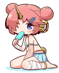 Rule 34 | 1girl, anklet, asymmetrical sleeves, bandaged arm, bandaged leg, bandages, bare shoulders, barefoot, between legs, bikini, bikini top only, blue bikini, blue eyes, blue skirt, blush, brown sleeves, chibi, collarbone, commentary request, covered mouth, detached sleeves, double bun, fate/grand order, fate (series), food, frankenstein&#039;s monster (fate), frankenstein&#039;s monster (swimsuit saber) (fate), frankenstein&#039;s monster (swimsuit saber) (second ascension) (fate), full body, hair bun, hair ornament, hair over one eye, hand between legs, holding, holding food, horns, jewelry, looking at viewer, naga u, pleated skirt, popsicle, shadow, side bun, single detached sleeve, single horn, sitting, skirt, solo, swimsuit, uneven sleeves, wariza, white background