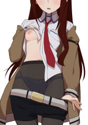 Rule 34 | 1girl, black pantyhose, blue panties, blush, breasts, clothes lift, clothes pull, highres, pantyhose under shorts, long hair, makise kurisu, medium breasts, morisobo, necktie, nipples, no bra, open mouth, panties, panties under pantyhose, pantyhose, pulling own clothes, red hair, red neckwear, shorts, shorts pull, sleeves past wrists, steins;gate, underwear
