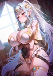 Rule 34 | 1girl, absurdres, arms under breasts, asymmetrical legwear, blush, breasts, brown gloves, brown thighhighs, covered navel, earrings, elbow gloves, epic seven, gloves, grey hair, highres, indoors, jewelry, large breasts, leotard, long hair, mismatched legwear, parted lips, pointy ears, ponytail, red eyes, roana (epic seven), solo, sweat, thighhighs, thighs, white thighhighs, yampa