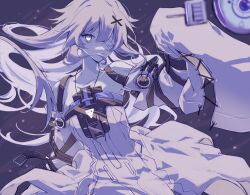 Rule 34 | 1girl, bandage over one eye, bare shoulders, dress, grey hair, hair ornament, long hair, mao (expuella), no.21: xxi (punishing: gray raven), no.21 (punishing: gray raven), non-humanoid robot, punishing: gray raven, robot, sleeves past fingers, sleeves past wrists, white dress, x hair ornament